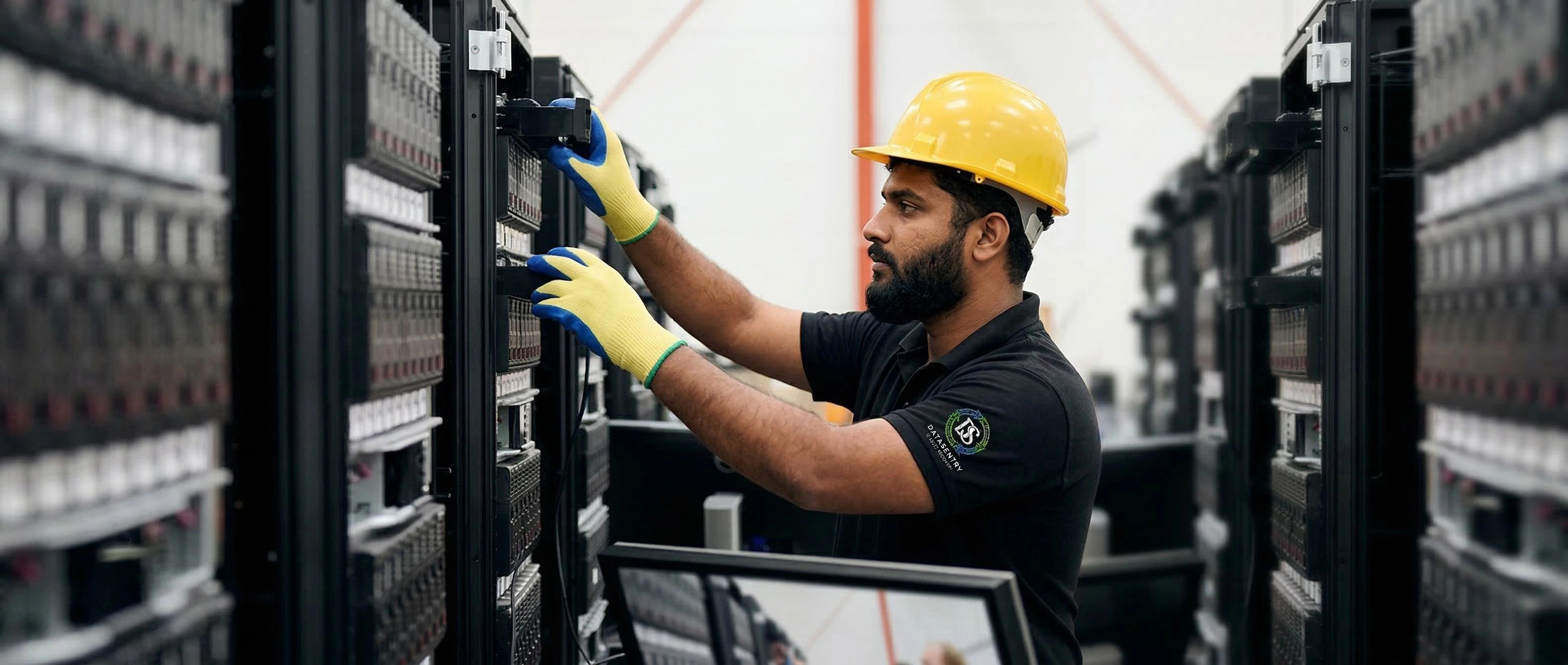 A Data Sentry technician safely removing old networking equipment scrap, including telecom cables and corporate routers, from a Dubai server room